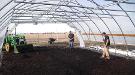 Workers spreading compost over the ground inside the high tunnel