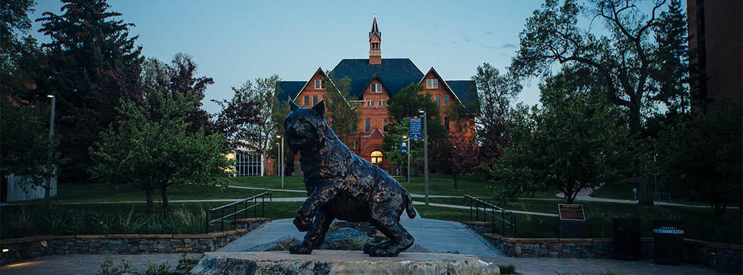 Spirit sculpture in front of Montana Hall at twilight