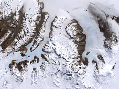 satellite photo of glaciers and bare mountains in Antarctica