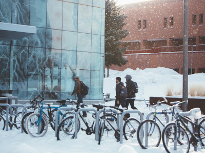 Snowy bikes parked outside of Jake Jabbs