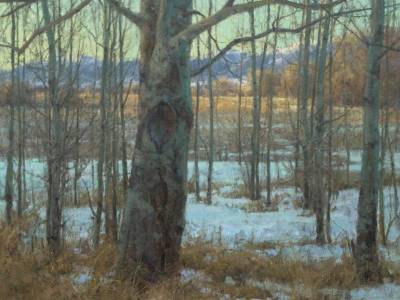 Aspevig painting A Clyde Aspevig painting of trees in late winter with snowcapped mountains in the background.