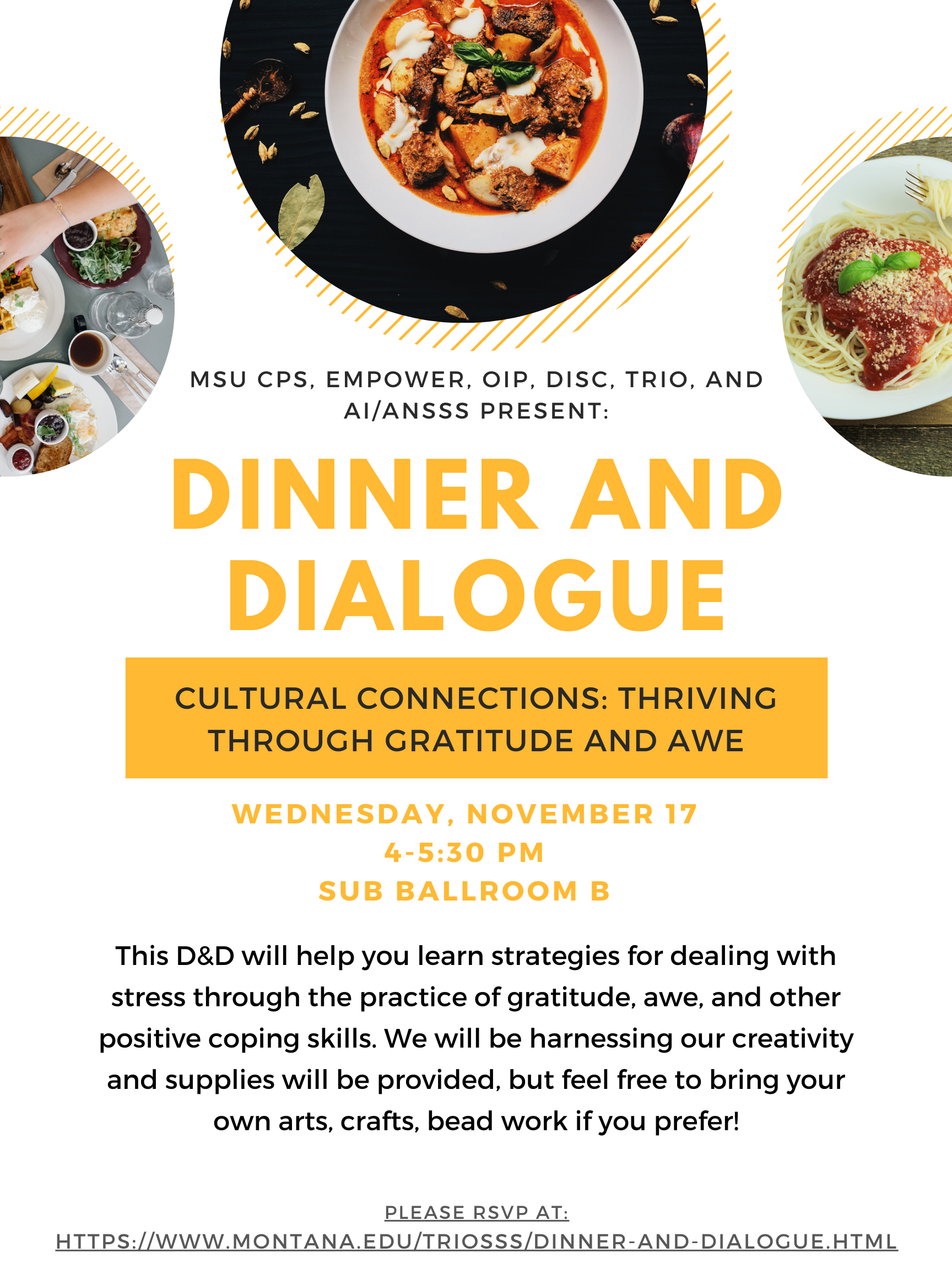 Flyer with wih 3 plates of food and Dinner and Dialogue information