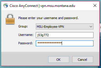 Screenshot of Cisco AnyConnect login fields including the group drop down
