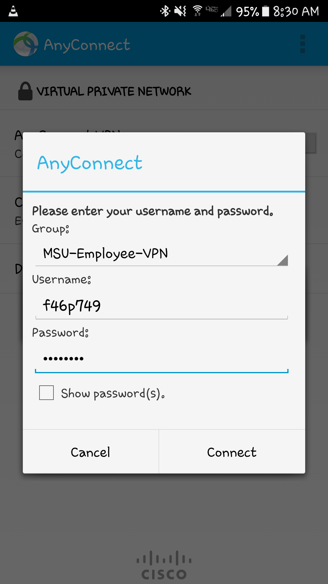 screen shot of Android Anyconnect screen