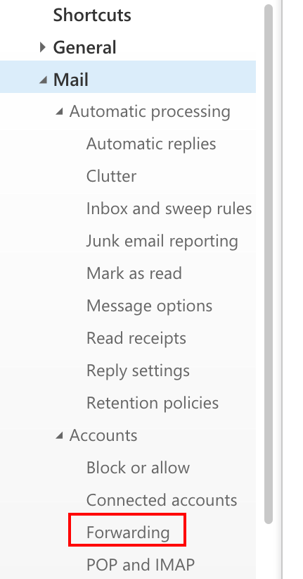Mail and accounting expanded menus showing Forwarding link.