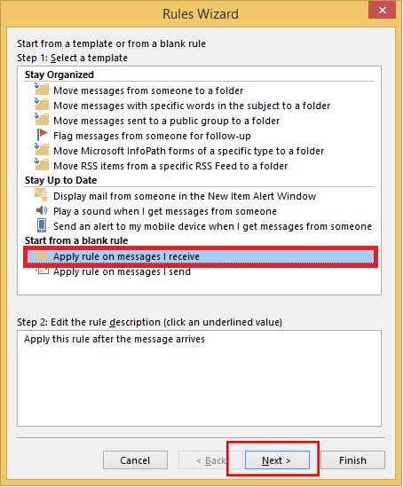 The "Apply rule on message I receive" option and Next button.