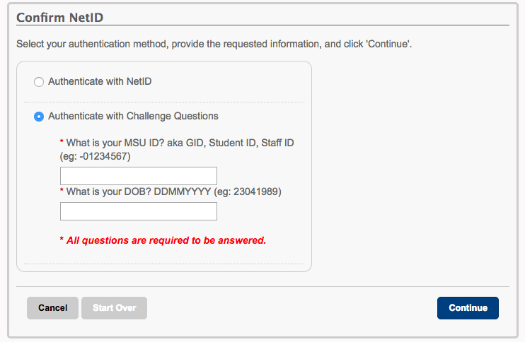 Screenshot of portal showing fields to enter MSU ID (GID) and birthdate and also the radio button to select to authenticate with NetID.