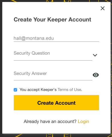 Screenshot of Create Keeper Account window and the security question and answer fields.