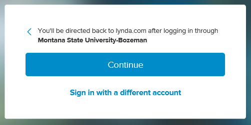 Screenshot of the Lynda login Continue button which directs you to MSU's login page then redirects you back to Lynda.