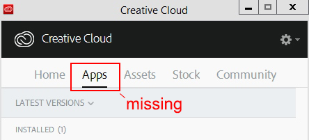 Screenshot of Creative Cloud app panel and missing apps tab.