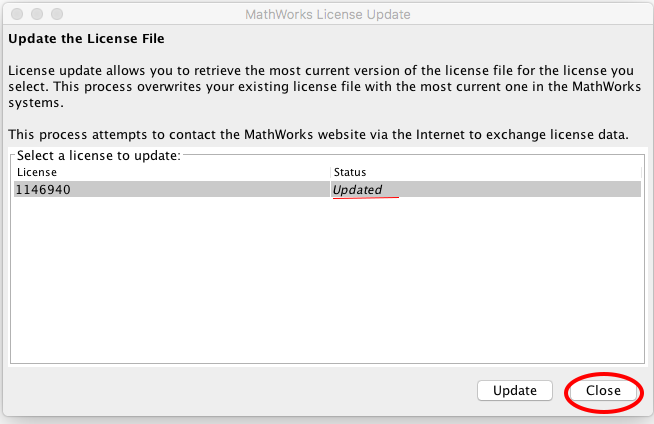 MathWorks License Update window indicating  license has been updated