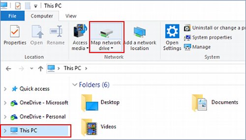 screenshot of Map network drive button in the ribbon under Computer tab when clicking This PC.