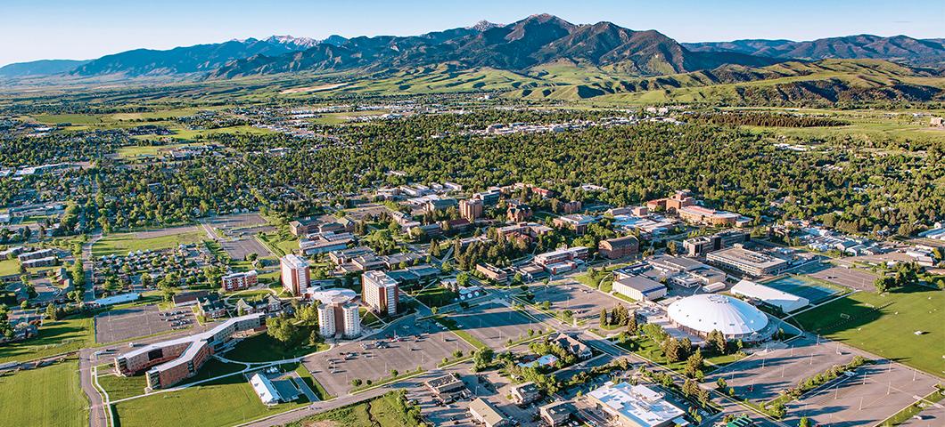 Aerial view of campus in summer