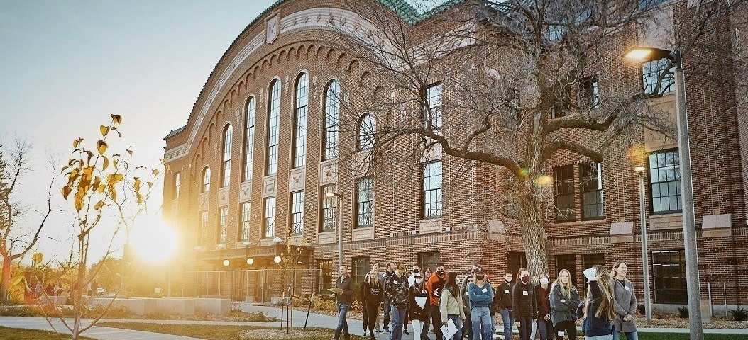 MSU Friday tour walking by the newly renovated Romney Hall 