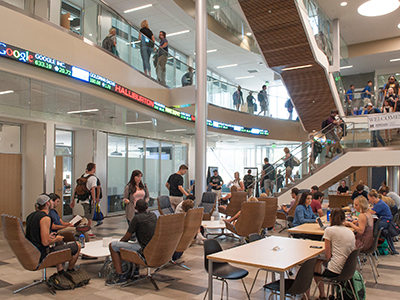 Student study in the lobby of Jabs Hall.