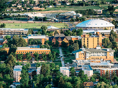 Campus aerial near sunset in summer.