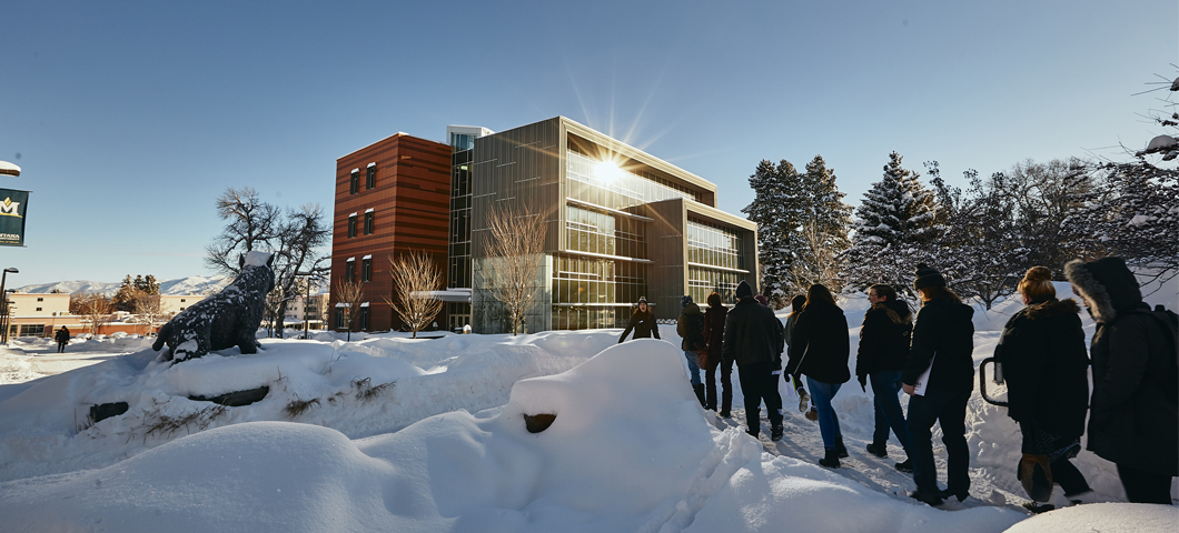 Jabs Hall and Alumni Plaza in winter.