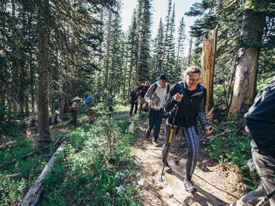 Group of students hiking in the mountains in summer.