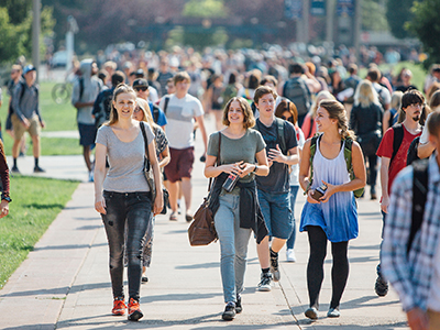 Students walking down the Centennial Mall during summer.