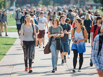 Students walk down the Centennial Mall in early fall.