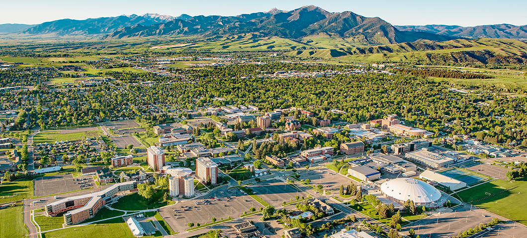 Summertime aerial view of the MSU campus with mountains in the background.