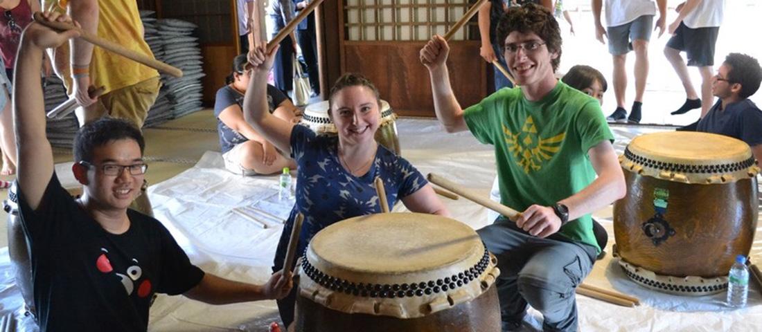 MSU student Todd Beckman played a Japanese drum when he studied in Japan in Summer 2015.