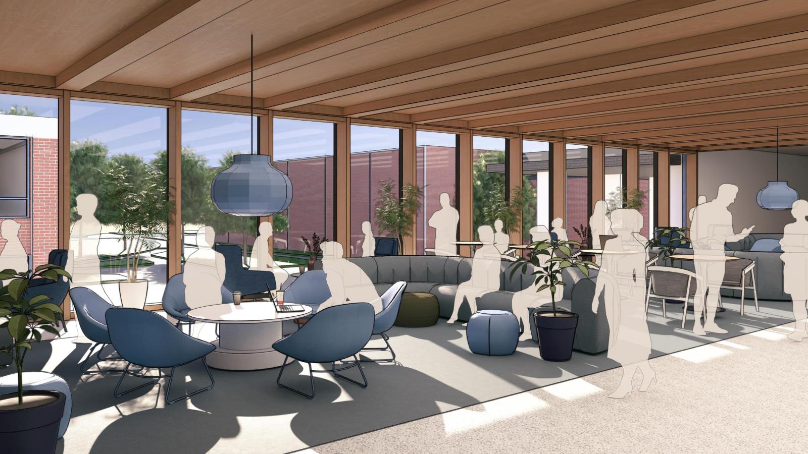 A digital rendering of a redesigned student union hallway with natural light from large windows. The space includes comfortable lounge seating, round tables, and potted plants. Transparent silhouettes of people illustrate an inviting and social atmosphere.