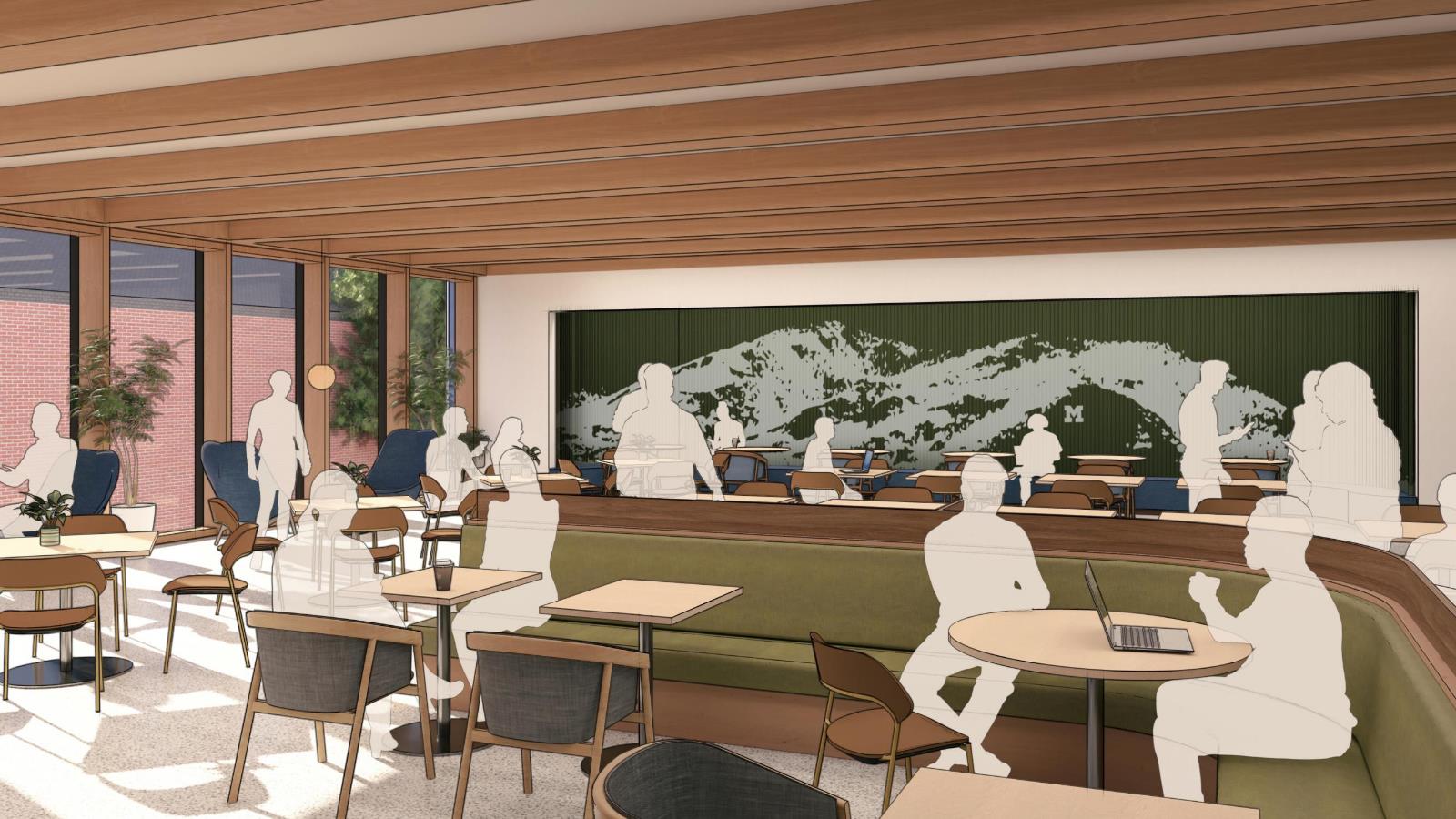 A digital rendering of a reimagined dining space with floor-to-ceiling windows, wooden ceiling beams, and modern furniture. Seating includes tables with chairs and cushioned booths, while a mural of a mountain range with an "M" logo is displayed on the back wall. Transparent silhouettes of people add vibrancy to the scene.