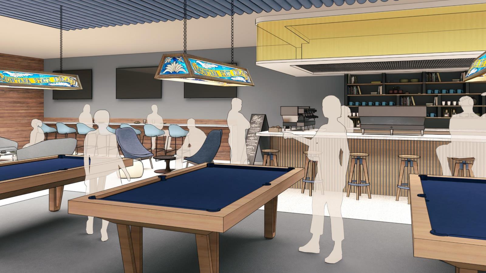 A digital rendering of a modern recreation center with pool tables, a bar, and seating areas. The design features wood accents, a contemporary ceiling, and Montana State University-themed pool table lights. Transparent silhouettes of people are depicted throughout the space, emphasizing a lively atmosphere.