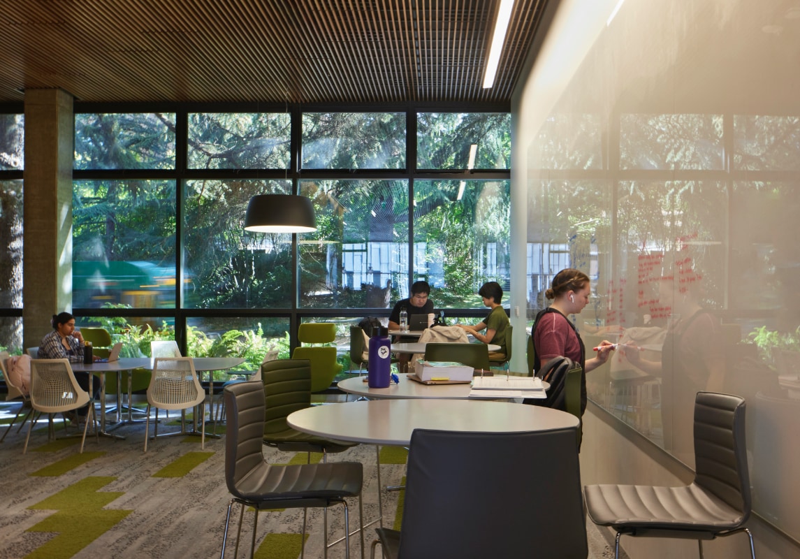 A cozy study space with floor-to-ceiling windows overlooking a lush, green outdoor area. Students are working at round tables with green and black chairs, while one student writes on a large whiteboard wall. Pendant lights hang from a wooden-slatted ceiling, and the carpet has green and gray patterns that complement the natural surroundings.