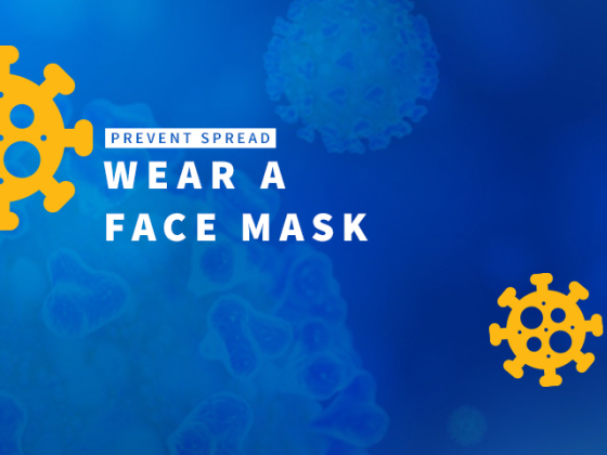 Cartoon images of coronavirus particles on a field of blue. A cartoon image of a bobcat head wears a protective face mask.  | MSU