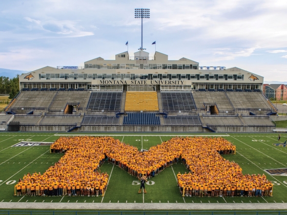 students forming a yellow M in Bobcat Stadium