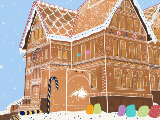 A drawn image of a college administration building styled as a holiday gingerbread house.  | 