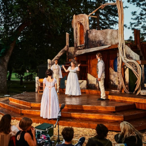 Theater-goers attend an outdoor performance of a Shakespeare play amidst a grove of tall trees at Montana State University. 