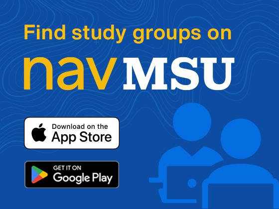 A graphic showing the outline of two people in a meeting with text that reads "find study groups on navMSU." | 