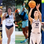 This image features six female athletes from Montana State University engaged in various sports: volleyball, cross-country running, golf, basketball, tennis, and hurdling in track and field.