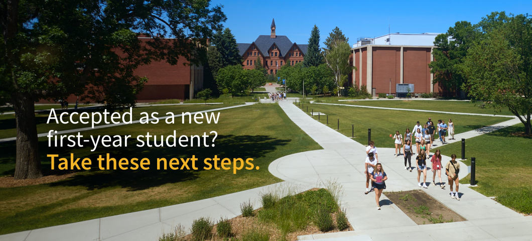 A group of students walks along a curved campus pathway at Montana State University on a bright summer day, surrounded by green grass, trees, and brick buildings. In the background is the recognizable Montana Hall with its peaked roof and small central sp | MSU