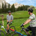 Mountain biking in an alpine meadow along the Shafthouse Trail in the Bridger Mountains near Bozeman (Admissions)