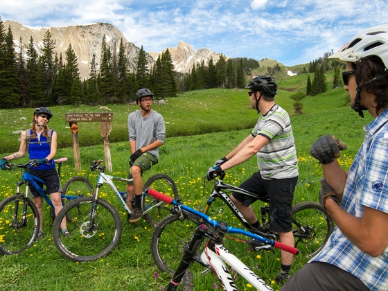 Mountain biking in an alpine meadow along the Shafthouse Trail in the Bridger Mountains near Bozeman (Admissions)