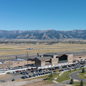 An image of the Bozeman Yellowstone Airport with the Bridger mountains visible in the distance.