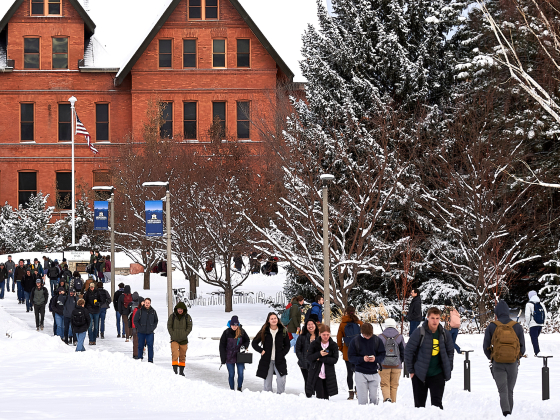 Students walk along a snowy sidewalk at a college campus in winter. | MSU