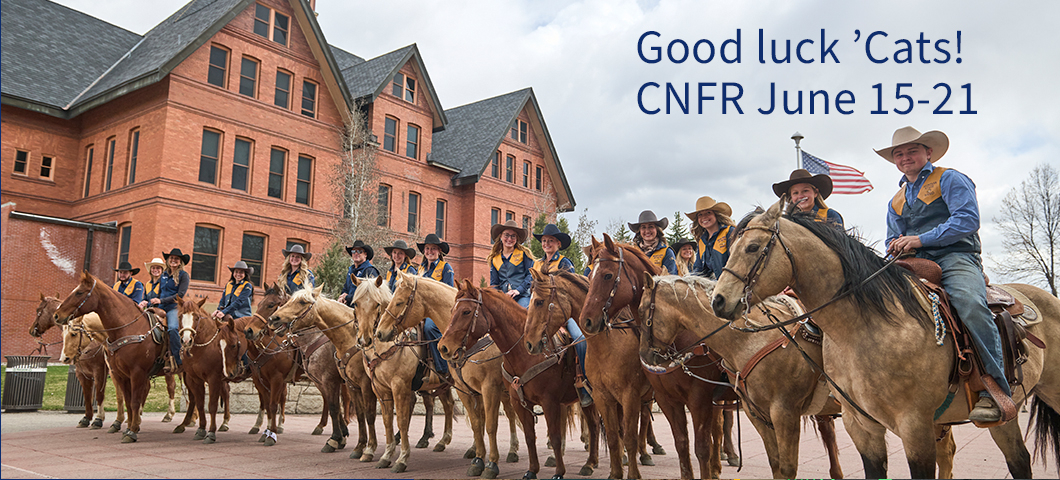 Montana State University rodeo team members, dressed in blue and gold MSU shirts and cowboy hats, sit on horseback in front of the historic Montana Hall building on campus. The team poses together for a group photo, with an American flag in the background | MSU