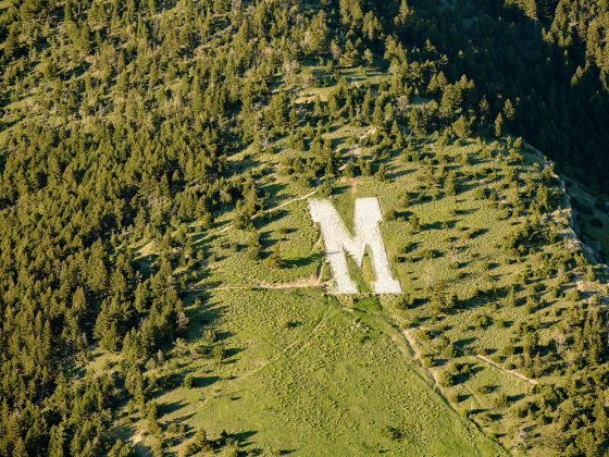 An aerial view of a large M made from painted rocks on the side of a mountain  | MSU photo by Adrian Sanchez-Gonzalez