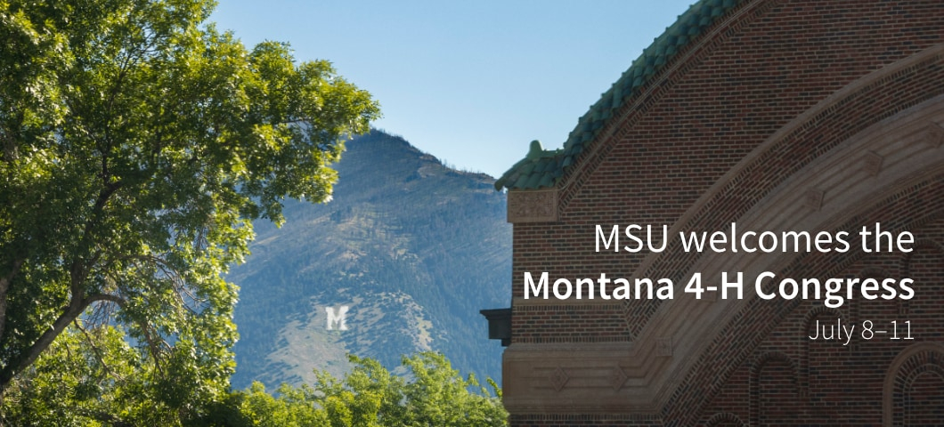 View of a tree-lined mountain landscape with a large white "M" visible on the mountainside, a symbol of Montana State University. On the right side of the image is a partial view of a brick university building with arched detailing. Overlaid text  | MSU