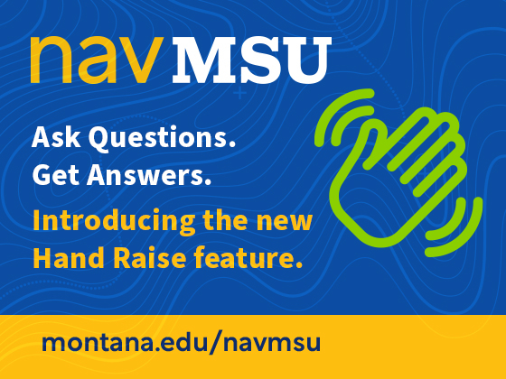 Icon of a green heand waving with text that reads "navMSU: Ask Questions. Get Answers. Introducing the new Hand Raise feature." | 