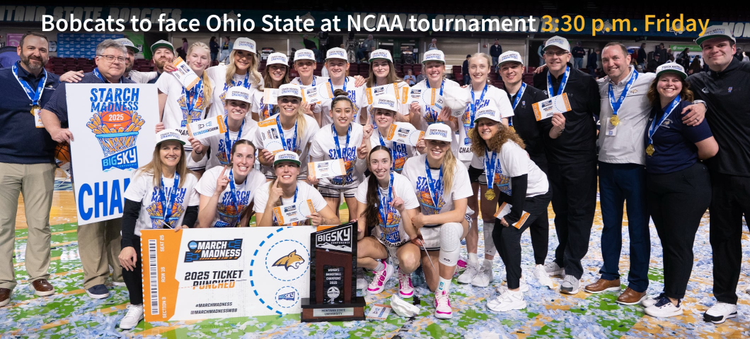 Members of the Montana State University women's basketball team gather for a photo on the court with their coaches after winning the conference tournament. The team members are wearing championship hats and T-shirts. Confetti litters the floor. They h | MSU