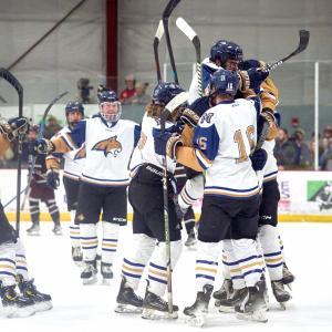 A group of hockey players celebrate with a group hug after a goal was scored