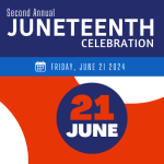 Red white and blue stripes and carttoon images of raised fists in red, yellow and green decorate the image. Small cartoon figures hold the pan-African and Juneteenth flags. 