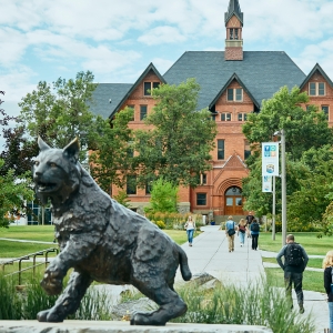 Students walk toward Montana Hall on the Montana State University campus in fall 2019. The statue of Spirit the Bobcat sits in the foreground to the left. 