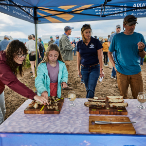 People stand beneath a blue tent looking at bread samples